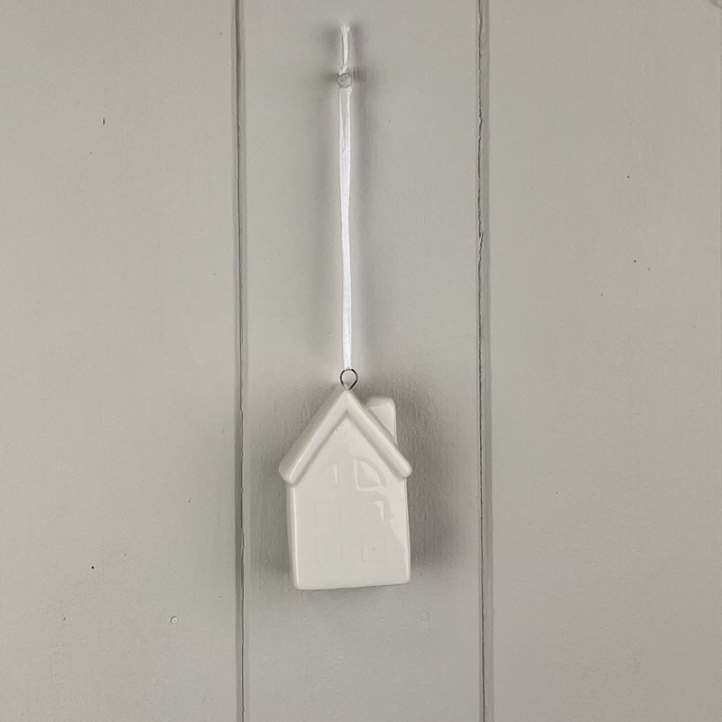 White Ceramic Hanging House with Chimney Ornament detail page